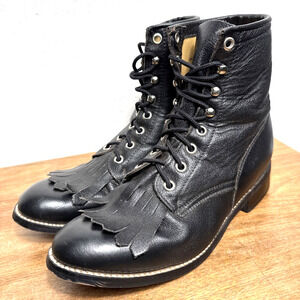 Vintage Justin Lace Up Boots Size 5 Kids Youth Black Kiltie Western Ropers 506Y
